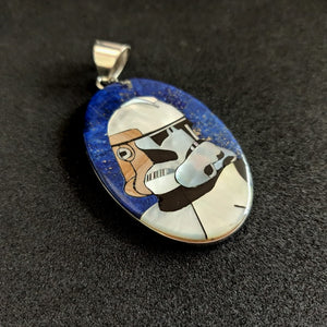 Exquisite Stormtrooper Inlay Pendant with Lazuli Lapis, Jasper, and Mother of Pearl - Sterling Silver - 15g - 52.0mm x 33.9mm