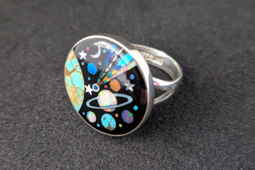 Galaxy Inlay Ring with Turquoise, Mother of Pearl, and Lab Opal in Sterling Silver