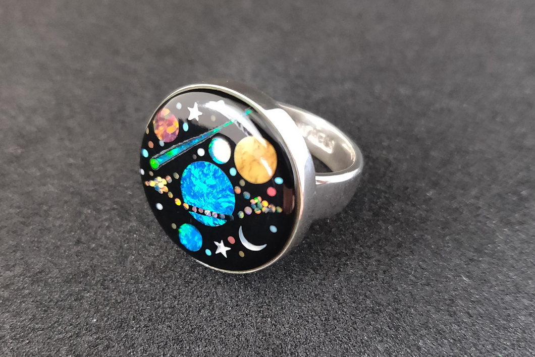 Saturn Inlay Ring with Turquoise, Mother of Pearl and Lab Opal in Sterling Silver